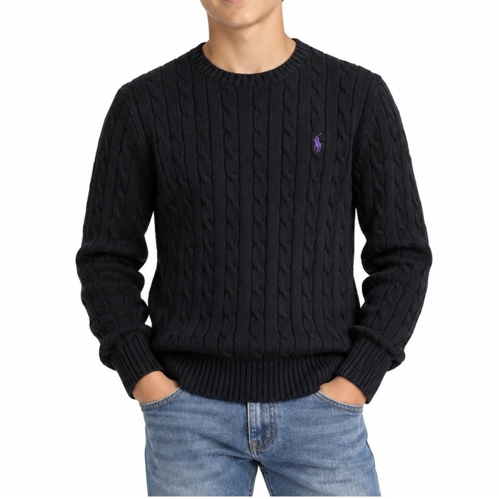 Polo Ralph Lauren Sweater Mens XL Black Cable Knit Crew Neck Pony Logo Classic